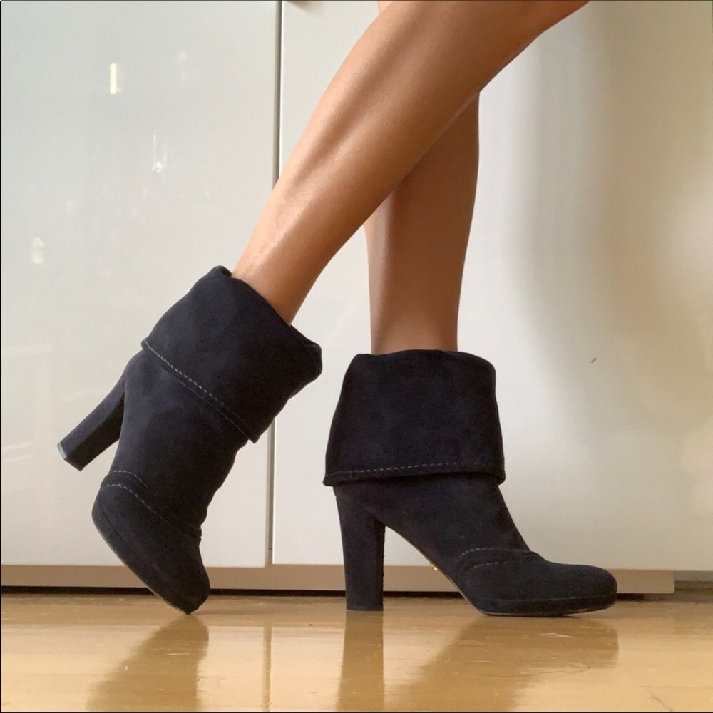 Prada Block Heel Suede Bootie Navy Blue 7.5